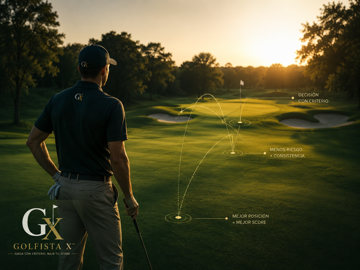 Golfista X™ leyendo el fairway con decisiones marcadas: criterio, riesgo y posición